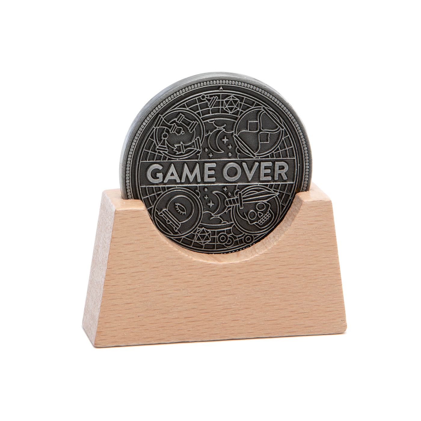 Coin displaying "Gave Over" in a wood stand