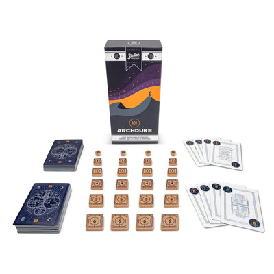 Birdseye view of components and packaging of Archduke game