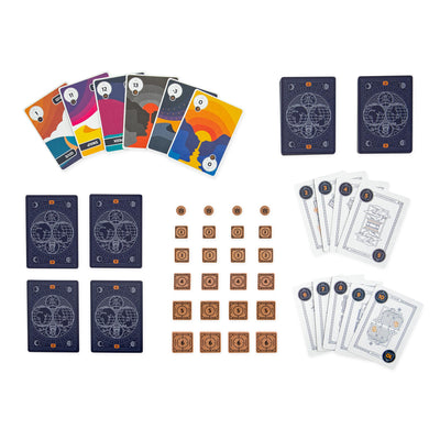 Components included in Archduke game including wood tokens and cards