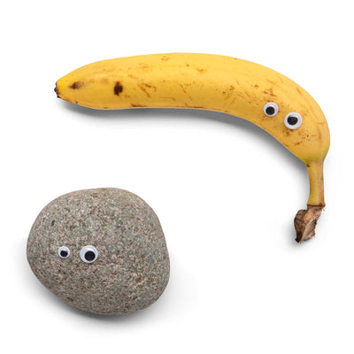 A banana and a rock with googly eyes on them